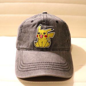 Pokemon Pikachu Gray Denim Leather Strapback Baseball Cap. Size - Adjustable